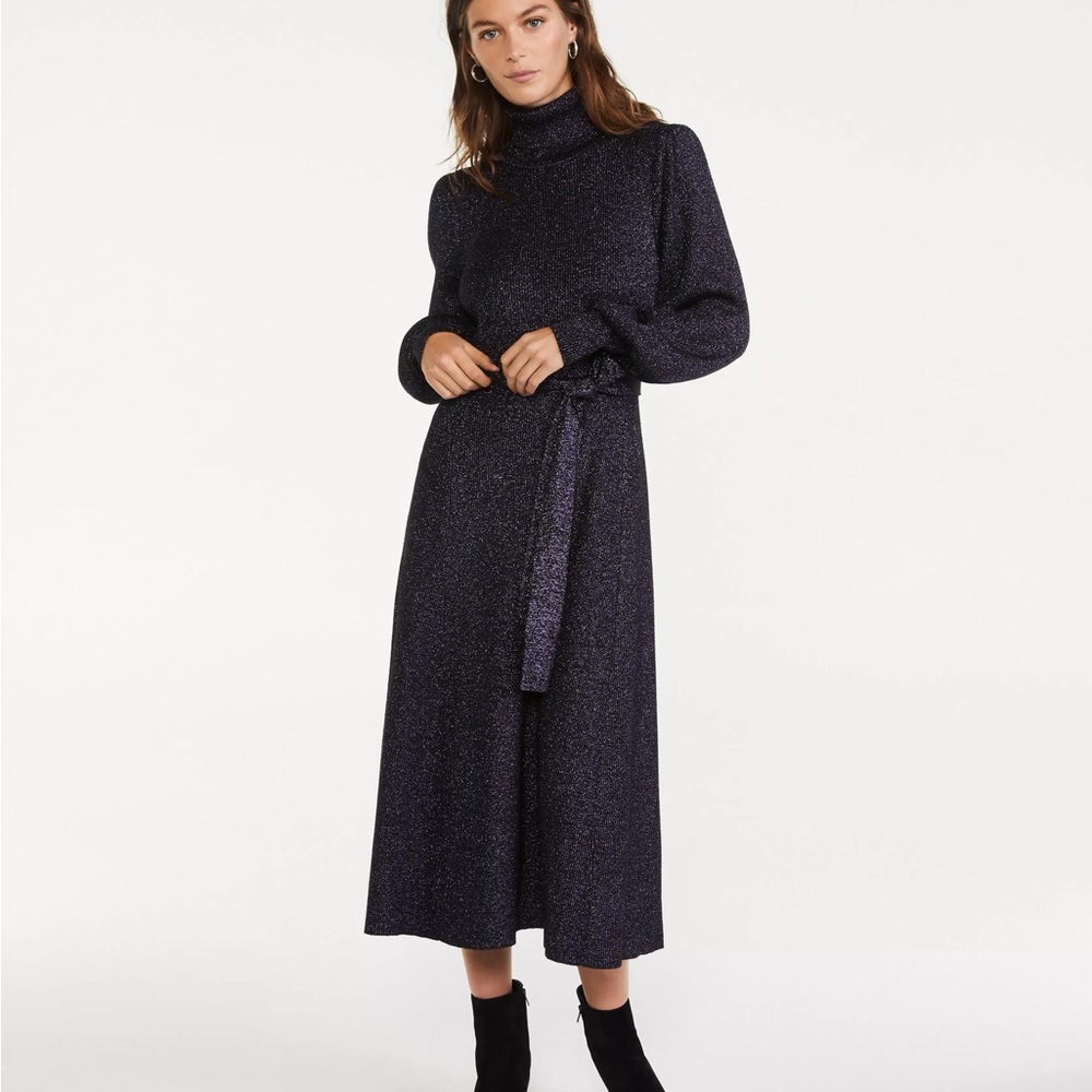 Ann Taylor Purple Sparkle Turtleneck Bishop Sleeve Sweater Dress